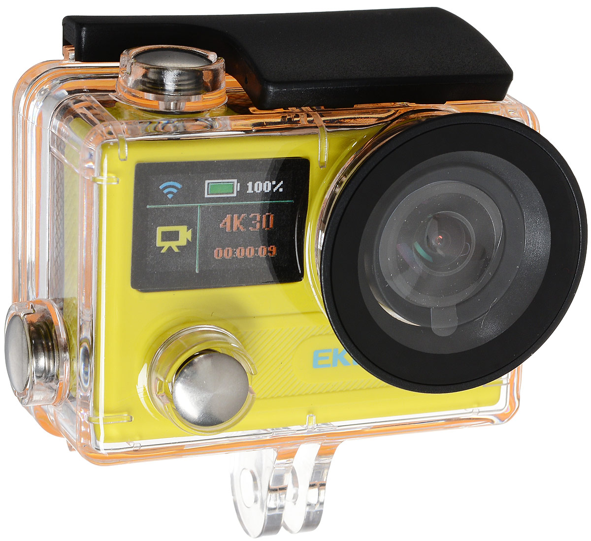 Eken H8 Ultra HD, Yellow экшн-камераH8 YELLOW Eken H8 Ultra HD, Yellow экшн-камераH8 YELLOWЭкшн-камера Eken H8 Ultra HD позволяет записывать видео с разрешением 4К и очень плавным изображением до 30 кадров в секунду. Камера имеет два дисплея: 2 TFT LCD основной экран и 0.95 OLED экран статуса (уровень заряда батареи, подключение к WiFi, режим съемки и длительность записи). Эта модель сделана для любителей спорта на улице, подводного плавания, скейтбординга, скай-дайвинга, скалолазания, бега или охоты. Снимайте с руки, на велосипеде, в машине и где угодно. По сравнению с предыдущими версиями, в Eken H8 Ultra HD вы найдете уменьшенные размеры корпуса, увеличенный до 2-х дюймов экран, невероятную оптику и фантастическое разрешение изображения при съемке 30 кадров в секунду! Управляйте вашей H8 на своем смартфоне или планшете. Приложение Ez iCam App позволяет работать с браузером и наблюдать все то, что видит ваша камера.