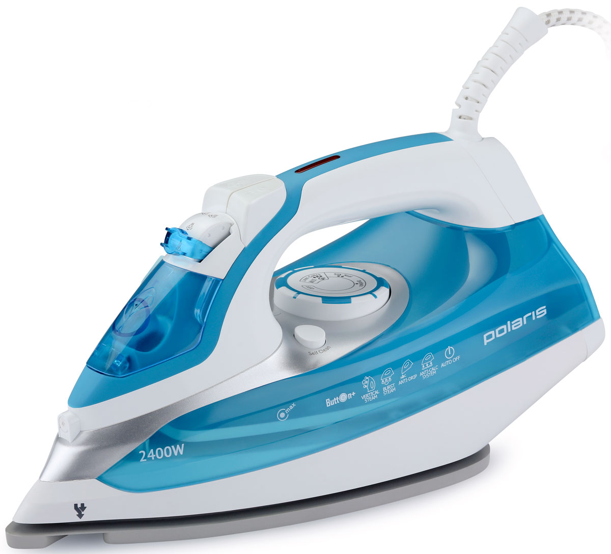 Polaris PIR 2468AK Button+, White Blue утюг005093 Polaris PIR 2468AK Button+, White Blue утюг005093Утюг Polaris PIR 2468AK имеет запатентованную форму желобка для глажки труднодоступных мест вокруг пуговиц Button+. С помощью уникальной подошвы Crystal Ceramic утюг легко скользит по любой ткани, разглаживая одежду за считанные секунды. Невероятно сильный паровой удар позволит пару проникнуть в самую глубь тканей и обеспечить профессиональный уход вашей одежде. Повесьте ваши вещи на плечики и включите функцию вертикального отпаривания - разглаживайте складки быстро и просто. Утюг защищен от образования накипи благодаря уникальной конструкции и расположению нагревательного элемента. Благодаря эко-режиму утюг не потребляет много энергии - глажение становится не только приятным, но и экономичным занятием. Polaris PIR 2468AK оснащен системой автовыключения: в горизонтальном положении (на боку или на подошве) через 30 секунд, в вертикальном положении через 8 минут.