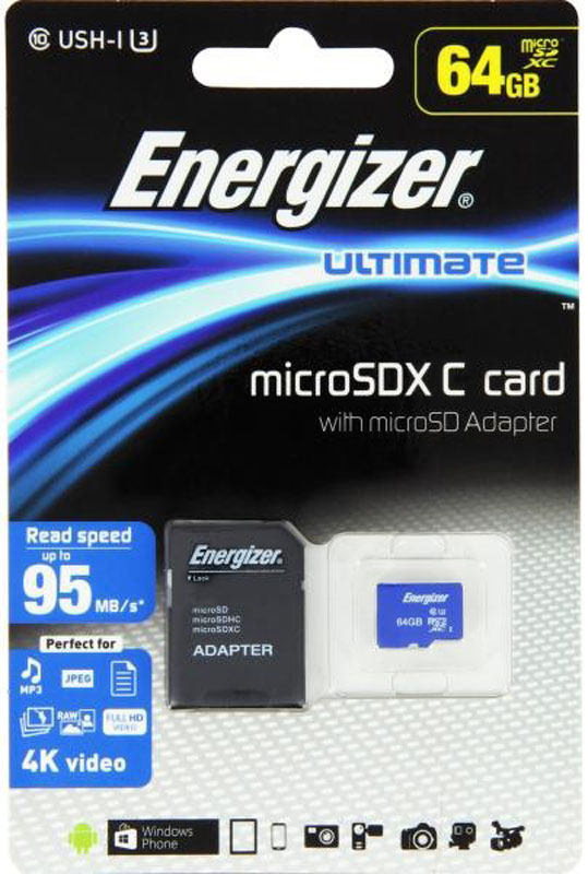Energizer MicroSDXC Class10 UHS-I U3 Ultimate 64GB карта памяти с адаптеромFMDAAU064A Energizer MicroSDXC Class10 UHS-I U3 Ultimate 64GB карта памяти с адаптеромFMDAAU064AБлагодаря непревзойдённой скорости считывания и записи карта памяти Energizer microSDXC Ultimate идеально подходит для продвинутых пользователей, которые хотят выжать максимум из своих MP3-плееров, компактных, псевдозеркальных или однообъективных зеркальных фотоаппаратов, видеокамер, экшн-камер для спорта или видеокамер с разрешением 4K. В комплекте адаптер для SD, позволяющий использовать карту памяти в компьютерах.