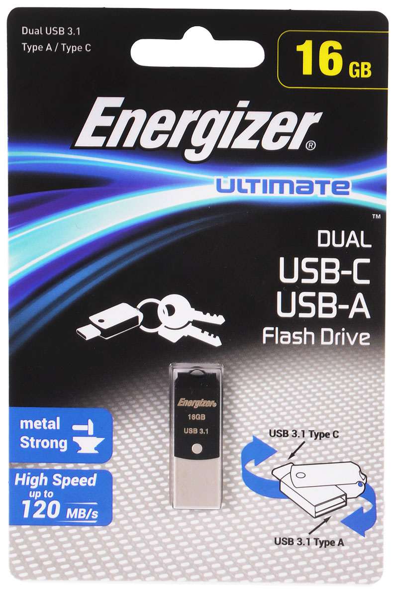 Energizer Ultimate Dual 16GB флэш-накопительFOTUCUO16R Energizer Ultimate Dual 16GB флэш-накопительFOTUCUO16RДвухсторонний флэш-накопитель Energizer Ultimate Dual идеально подходит для быстрого и удобного переноса фильмов, фотографий, музыки и файлов со смартфона с разъемом USB Тип C на персональный компьютер. Кабель или беспроводное соединение не требуются.