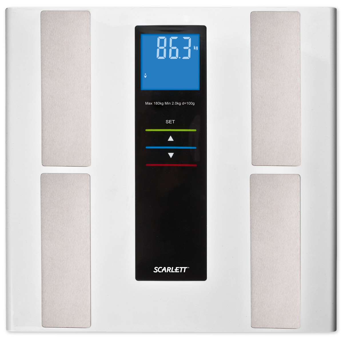 Scarlett SC-219, White напольные весыSC-219 Scarlett SC-219, White напольные весыSC-219Напольные весы Scarlett SC-219 в корпусе из нержавеющей стали и закаленного стекла позволят ежедневно контролировать вес человеку, заботящемуся о здоровье и стройной фигуре. Модель выдерживает нагрузку до 180 кг и выводит на дисплей результаты в килограммах. Электронный дисплей оснащен хорошо видимыми подсвечивающимися символами. Устройство обладает объемом памяти на 10 пользователей, а кроме массы тела владелец весов получит информацию о доле жировой, мышечной и костной ткани, а также о содержании в организме воды. Индикатор перегрузки Индикатор заряда батареи Прорезиненные ножки Высокочувствительные датчики