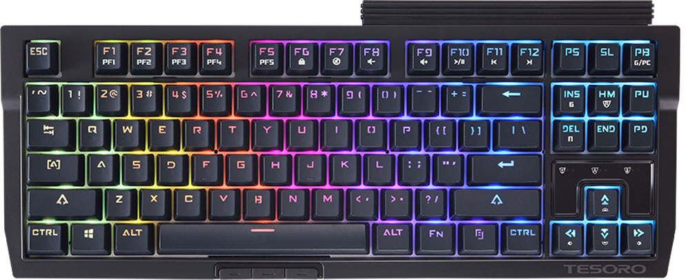Tesoro Tizona Spectrum (Kailh Blue) игровая клавиатураTS-G2SFL Tesoro Tizona Spectrum (Kailh Blue) игровая клавиатураTS-G2SFLTizona – механическая клавиатура формата Tenkeyless с возможностью расширения. Помимо целого ряда полезных для игроков особенностей, Tizona позволяет подключить к ней опциональный цифровой блок! Корпус клавиатуры выполнен из прочного АБС-пластика, утяжелённого металлическими пластинами, которые придают устройству тяжести, прочности и устойчивости. Тажке Tizona оснащена RGB-подсветкой, оборудована тремя дополнительными клавишами под большим пальцем, использует систему антигостинга N-Key Rollover, имеет игровой режим и даже позволяет подключить к USB разветвителю внешний источник питания. В данной клавиатуре установлены переключатели Kailh Blue - выбор казуальных игроков и любителей активного общения. Чрезвычайно ускоряют набор текста. Имеют громкий щелчок и четкую отдачу.