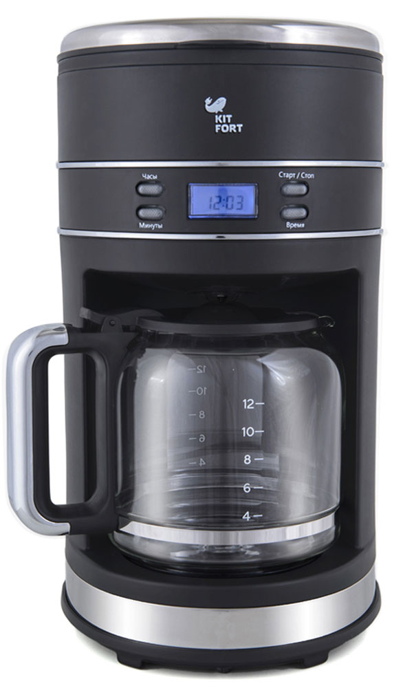 Kitfort КТ-704-2, Black кофеваркаКТ-704-2 Kitfort КТ-704-2, Black кофеваркаКТ-704-2Наслаждайтесь вкусным кофе благодаря капельной кофеварке Kitfort КТ-704. Капельная кофеварка готовит ароматный кофе одним нажатием кнопки. С помощью таймера отложенного старта возможно запрограммировать момент включения кофеварки. С вечера залейте в резервуар воду, засыпьте в фильтр молотый кофе и установите таймер, а утром наслаждайтесь свежезаваренным кофе. Процесс приготовления напитка достаточно прост: в капельной кофеварке вода доводится до температуры 85-95 °С, после чего медленно, по капле, поступает в фильтр с молотым кофе. Пройдя через него, она попадает в кофейник. По окончании приготовления кофеварка перейдет в режим подогрева. Подогревная платформа, на которой стоит кофейник с готовым кофе, будет горячей в течение 45 минут, затем кофеварка выключится. Кофеварка предназначена для приготовления кофе дома или в офисе. Таймер отложенного старта Режим подогрева Длина шнура: 86 см