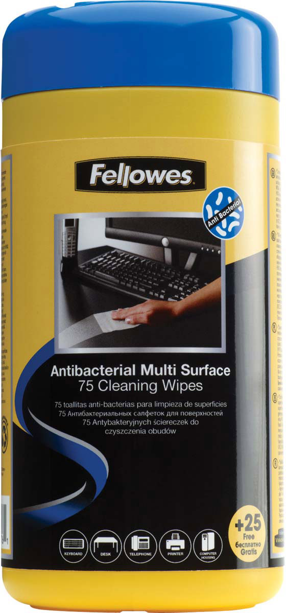 Fellowes FS-22109 антибактериальные салфетки для любых поверхностей (100 шт)FS-22109 Fellowes FS-22109 антибактериальные салфетки для любых поверхностей (100 шт)FS-22109Основные свойства: 100 штук влажных салфеток с антибактериальным эффектом из крепированной бумаги. Подходит для любых поверхностей за исключением экранов и стекла. Удобная туба с плотно закрывающейся крышкой предотвращает высыхание. Антибактериальная формула убивает такие микробы и вирусы как золотистый стафилококк, кишечная палочка, листерии, сальмонеллы, эффективен против подтипов вируса гриппа H1N1 и H3N2. Обработанные покрытия сохраняют защитный эффект в течение 7 дней. Не оставляют разводов. Минимальное содержание спиртов – менее 1%. Биоразлагаемый материал, антистатическая формула.