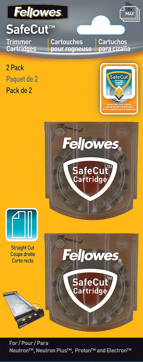 Fellowes FS-54114 нож для резаков Neutron, Proton, Electron (прямая резка) (2 шт)FS-54114 Fellowes FS-54114 нож для резаков Neutron, Proton, Electron (прямая резка) (2 шт)FS-54114Для поддержки линейки SafeCut дисковых резаков предусмотрены дополнительные наборы лезвий в безопасных SafeCut картриджах. Нож в картридже абсолютно безопасен для пользователя. Картридж освобождает лезвие только в момент резки с помощью нажатия. Набор FS-54114 из 2-х SafeCut картриджей для прямой резки. Дополнительные лезвия способны разрезать одновременно 10 листов бумаги (80гр/кв.м). Набор предназначен для замены аналогичных картриджей у моделей Neutron A4, Neutron A4 Plus, Proton А3/А4, и Electron А3/А4.
