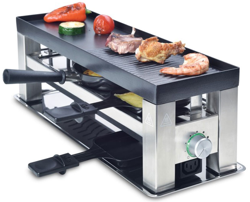 Solis Table Grill 4 in 1 раклетницаTable Grill 4 in 1 Solis Table Grill 4 in 1 раклетницаTable Grill 4 in 1Solis Table Grill 4 in 1 - это комбинированная раклетница - гриль - фондю. Двухсторонняя съемная пластина гриля из литого алюминия с антипригарным покрытием (44.5 х 15 см) имеет две стороны. Одна из них - ребристая/гладкая, а вторая - с углублениями для мини-вок или блинов. Прибор имеет бесступенчато регулируемый термостат со световым индикатором, а также 3 эмалированных мини-противня с для приготовления порционных блюд.