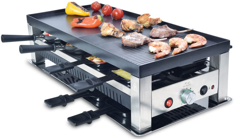 Solis Table Grill 5 in 1 раклетницаTable Grill 5 in 1 Solis Table Grill 5 in 1 раклетницаTable Grill 5 in 1Solis Table Grill 5 in 1 - это комбинированная раклетница - гриль - фондю. Двухсторонняя съемная пластина гриля из литого алюминия с антипригарным покрытием (56.5 х 27,5 см) имеет две стороны. Одна из них - ребристая/гладкая, а вторая - с углублениями для мини-вок или блинов. Прибор имеет бесступенчато регулируемый термостат со световым индикатором, а также 8 эмалированных мини-противня с для приготовления порционных блюд.