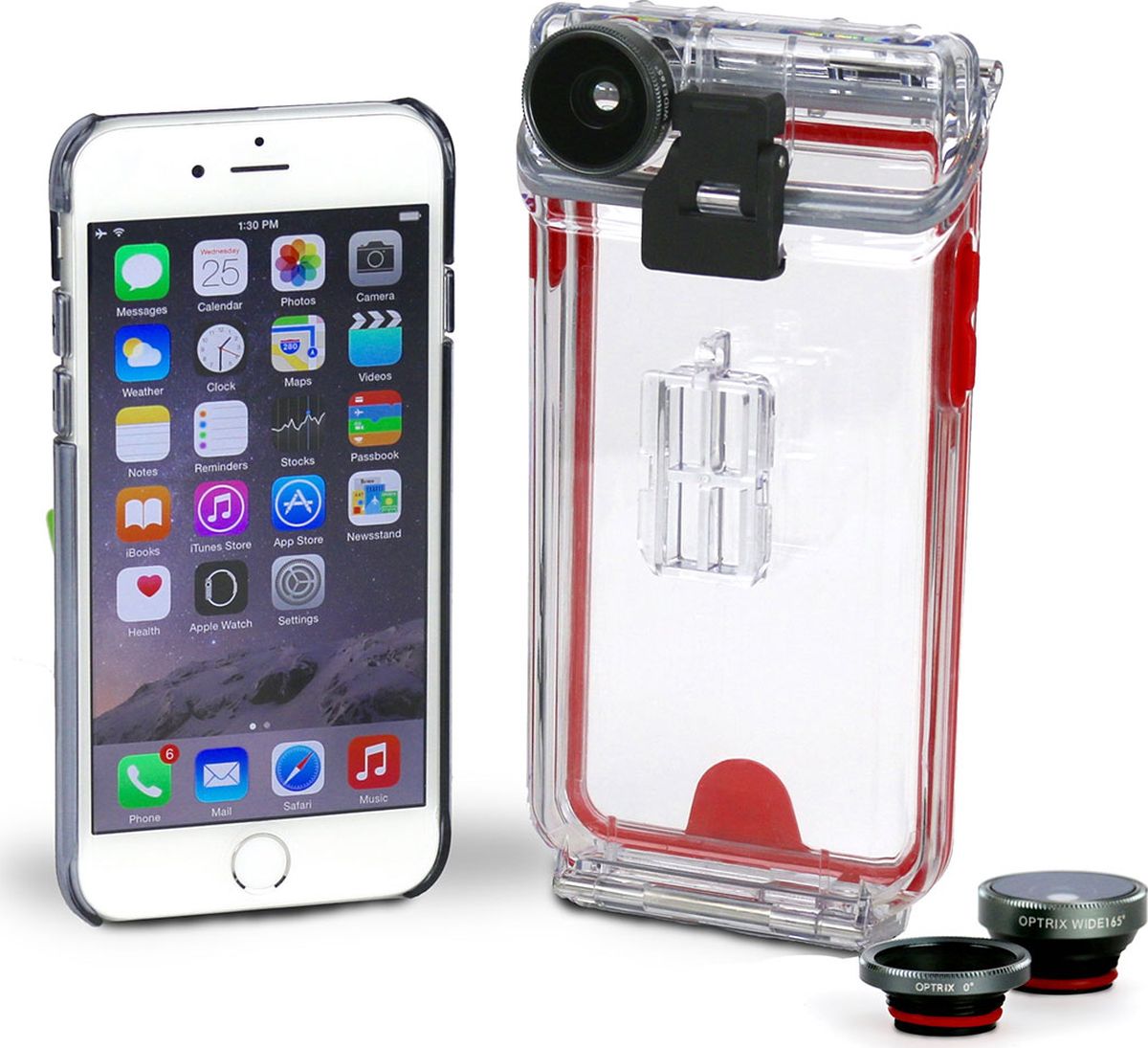 Optrix Photo, Clear Red набор для фотосъемки для iPhone 6/6sFS-94767 Optrix Photo, Clear Red набор для фотосъемки для iPhone 6/6sFS-94767Набор для создания уникальных фотографий и видео при помощи Вашего iPhone®. Ультралегкий защитный корпус обеспечит сохранность устройства в любых экстремальных условиях, тогда как сменные линзы значительно расширят возможности его камеры. Чехол Optrix для iPhone отличается точно сконструированной и надежной конструкцией, превращающей ваш iPhone в полноценную экшн-камеру: съемка во время сплава по реке, велопрогулки, катания на лыжах, пляжного отдыха - все это возможно теперь при помощи Вашего iPhone! 100% водонепроницаемость при погружении на глубину до 10 м (соответствует стандарту IP68) • Ударопрочность: выдерживает падение с высоты до 6,1 м (соответствует стандарту MIL-STD-810G) • Сверхпрочный корпус, сохраняющий весь функционал смартфона • Специальная защитная мембрана сохраняет все свойства сенсорного экрана устройства • Подходит к широкому ассортименту креплений • 2 сменных объектива (алюминий/стекло)