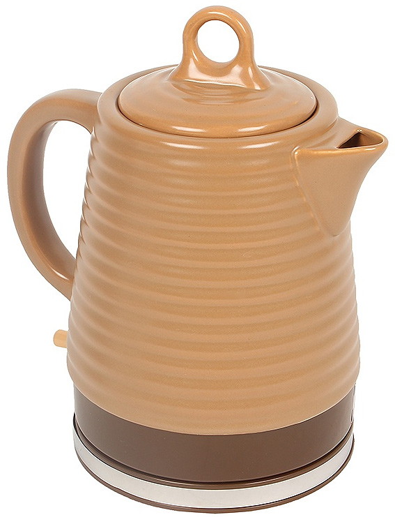 Vitek VT-1135(BN) электрочайникVT-1135(BN) Vitek VT-1135(BN) электрочайникVT-1135(BN)Электрический чайник Vitek VT-1135 (BN) примечателен тем, что, благодаря своему домашнему дизайну, вписывается практически в любой интерьер, создавая вокруг себя атмосферу тепла и уюта. При этом, по своим техническим характеристикам, он является серьезным конкурентом моделей из других материалов. Главное же достоинство высоко ценится любителями долгих вечерних посиделок за чашечкой чая - при снятии подобного чуда техники с подставки его корпус выглядит, как обычный керамический чайник, вполне уместно смотрящийся на столе для чаепития. Если сравнивать материалы, из которых изготавливаются корпусы чайников, то керамика не придает посторонних привкусов воде (в отличие от многих пластмассовых корпусов) и не нагревается до опасной для кожи температуры (по сравнению со стеклом или металлом). Отличительными характеристиками данной модели также являются: объем 1,2 л., корпус из волнистой керамики коричневого цвета, английский контроллер STRIX.