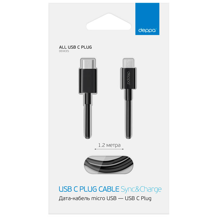 Deppa дата-кабель microUSB - USB Type C, Black (1.2 м)
