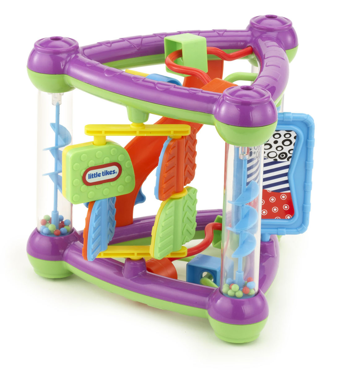 Развивающая игрушка Little Tikes Треугольник635052 Развивающая игрушка Little Tikes Треугольник635052Яркая развивающая игрушка Little Tikes Треугольник привлечет внимание вашего ребенка и подарит ему массу положительных эмоций! Она выполнена из прочного пластика насыщенных цветов и содержит множество элементов. По углам игрушки расположены прозрачные столбики. Внутри них находятся спиральки и мелкие разноцветные шарики. Если треугольник перевернуть, то шарики задорно гремя посыплются вниз, приводя в движение спиральки. На одной стороне игрушки расположена вращающаяся рамка с четырьмя двухцветными вертушками. Малышу понравится крутить вертушки отдельно или всю рамку. Поверхность вертушек рельефная, что поспособствует развитию тактильных ощущений и мелкой моторики пальчиков малыша. На другой стороне по дорожке вверх-вниз передвигается шестеренка. На третьей стороне находится вращающийся прямоугольник. На одной из его сторон расположено безопасное зеркальце. На двух других сторонах находятся дуги с нанизанными на них элементами в виде геометрических фигур. Малыш с...