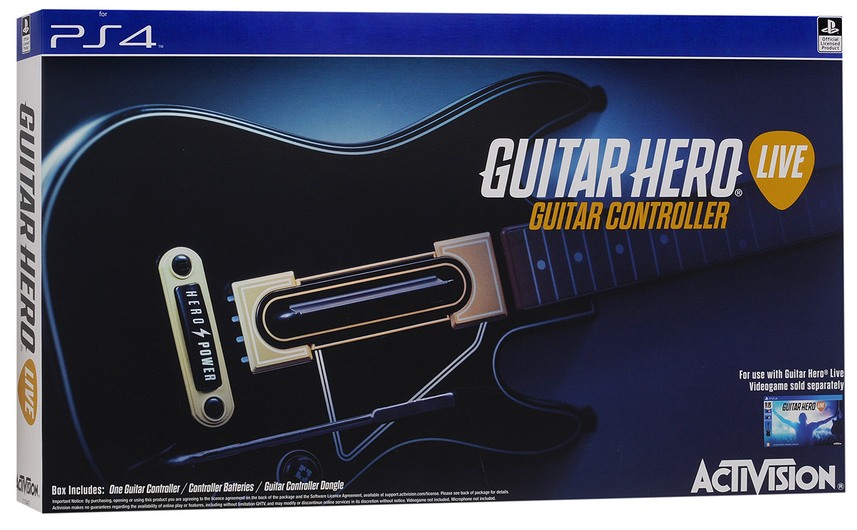 Guitar Hero Live Controller PS4. ГитараTHR47 Guitar Hero Live Controller PS4. ГитараTHR47Игровой контроллер-гитара Guitar Hero Live Controller полностью отражает новый стиль и реалистичность игрыGuitar Hero Live. На грифе гитары расположено два ряда по 3 кнопки в каждом, что обеспечивает расширенныевозможности при воспроизведении аккордов. Также предусмотрено три уровня использования возможностейконтроллера: для начинающих, обычных и опытных игроков. Классическая форма гитары поможет вам показатьсвойталант во время игры!Если вы новичок, тогда можете использовать во время игры только три кнопки! Вы мастер Guitar Hero - тогда играпредоставит серьезные испытания для ваших пальцев!Кнопка GHTV (игровая музыкальная видеосеть) позволяет перейти прямо в GHTV из любой игры. Играя в режимеGH Live, игрок будет выступать на сцене и видеть толпу зрителей от первого лица, в зависимости от мастерстваисполнения, купаться в аплодисментах или видеть их недовольство Вы можете играть под сотни музыкальныхвидеоклипов из обширной библиотеки GHTV или соревноваться с друзьями в сети.Внимание: Гитара не является мультиплатформенным контроллером!