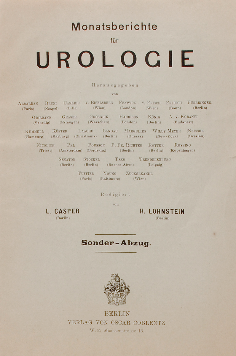 Monatsberichte fur UrologieJBL2304500 Monatsberichte fur UrologieJBL2304500Берлин, 1910 год. Издательство Verlag von oscar Coblentz. Издательский переплет. Сохранность хорошая. Сохранена оригинальная обложка. This book may have occasional imperfections such as missing or blurred pages, poor pictures, errant marks, etc. that were either part of the original artifact, or were introduced by the scanning process. We believe this work is culturally important, and despite the imperfections, have elected to bring it back into print as part of our continuing commitment to the preservation of printed works worldwide. We appreciate your understanding of the imperfections in the preservation process, and hope you enjoy this valuable book. Издание не подлежит вывозу за пределы Российской Федерации.