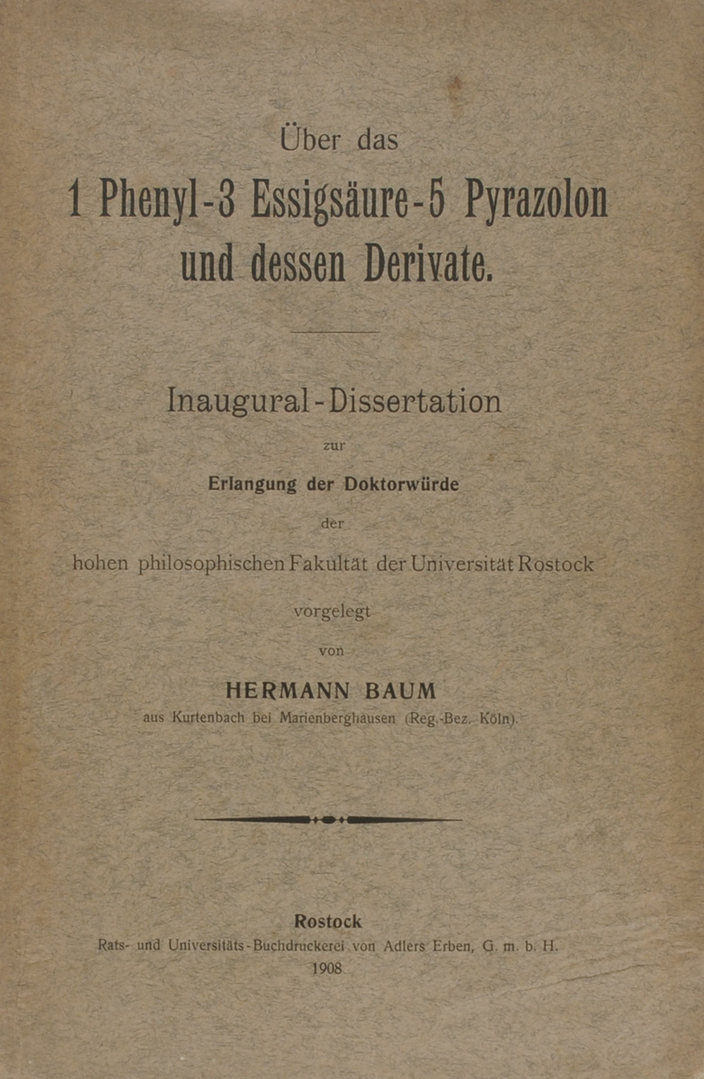 Uber das 1 Phenyl-3 Essigsaure-5 Pyrazolon und dessen Derivate620_желтый, синий Uber das 1 Phenyl-3 Essigsaure-5 Pyrazolon und dessen Derivate620_желтый, синийRostock, 1908 год, Rats- und Universitats-Buchdruckerei von Adlers Erben, GmbH. Издательский переплет. Сохранность хорошая. Сохранена оригинальная обложка. Вашему вниманию представлено старинное книжное издание Uber das 1 Phenyl-3 Essigsaure-5 Pyrazolon und dessen Derivate автора Hermann Baum. Издание не подлежит вывозу за пределы Российской Федерации.