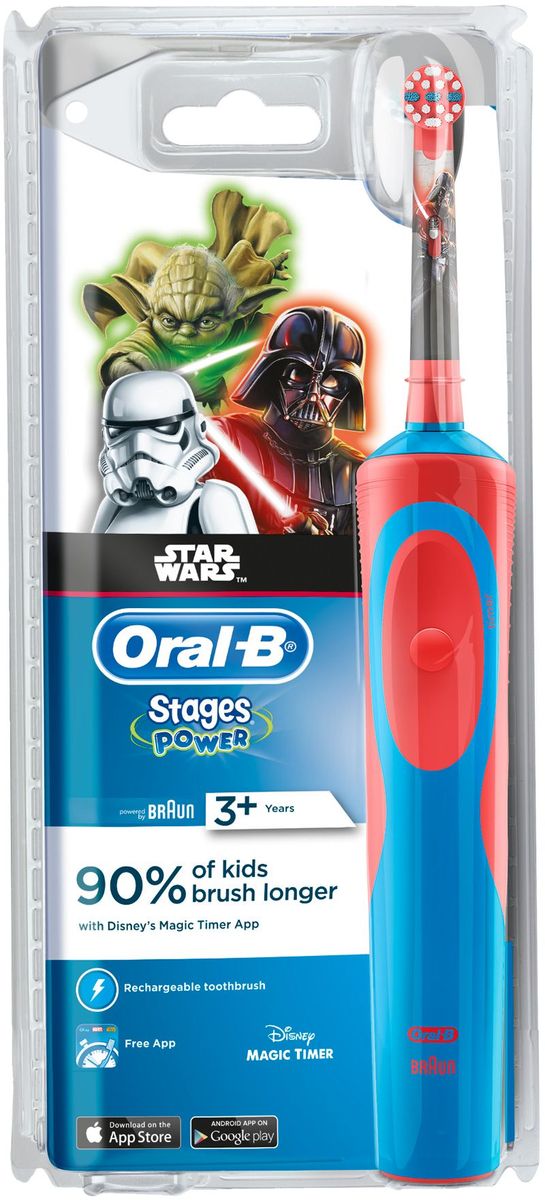 Braun Oral-B Stages Power D12K StarWars детская электрическая зубная щетка81606316 Braun Oral-B Stages Power D12K StarWars детская электрическая зубная щетка81606316Электрическая зубная щетка Oral-B Stages Power Kids с героями фильма Звездные войны прекрасно чистит зубы и удобна для использованиядетьми с 3 лет.Аккумуляторная электрическая зубная щетка Oral-B D12K Stages Power с экстрамягкими щетинками специально разработана для детей исовместима с приложением Disney MagicTimer от Oral-B. Скачайте приложение, чтобы помочь вашим детям чистить зубы рекомендуемыестоматологом 2 минуты и выработать правильные привычки по уходу за полостью рта, которые останутся с ребенком на всю жизнь. Приложениепозволяет создать индивидуальный профиль с любимыми героями, а также имеет визуальный игровой таймер и систему вознаграждений зарегулярную чистку и бесстрашные походы к врачу.Oral-B Stages Power StarWars имеет 2D-технологию чистки и совершает 7000 возвратно-вращательных движений в минуту.