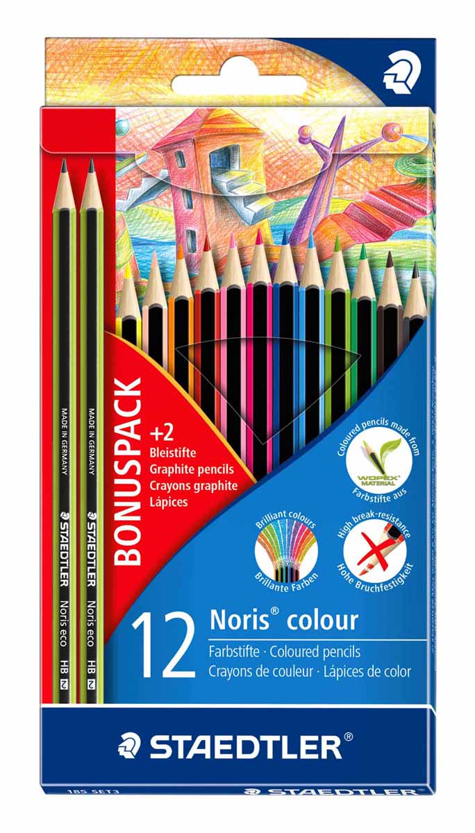Staedtler Набор цветных карандашей Noris colour 12 цветов с 2 чернографитными карандашами610842 Staedtler Набор цветных карандашей Noris colour 12 цветов с 2 чернографитными карандашами610842Новый набор Staedtler Noris colour предназначены для рисования. Набор содержит 12 цветных карандашей и 2 чернографитных карандаша твердостью - HB. Цветные карандаши, разработанные специально для детей, имеют мягкий грифель и насыщенные цвета. С цветными карандашами Noris Club ваши дети будут создавать яркие и запоминающиеся рисунки.