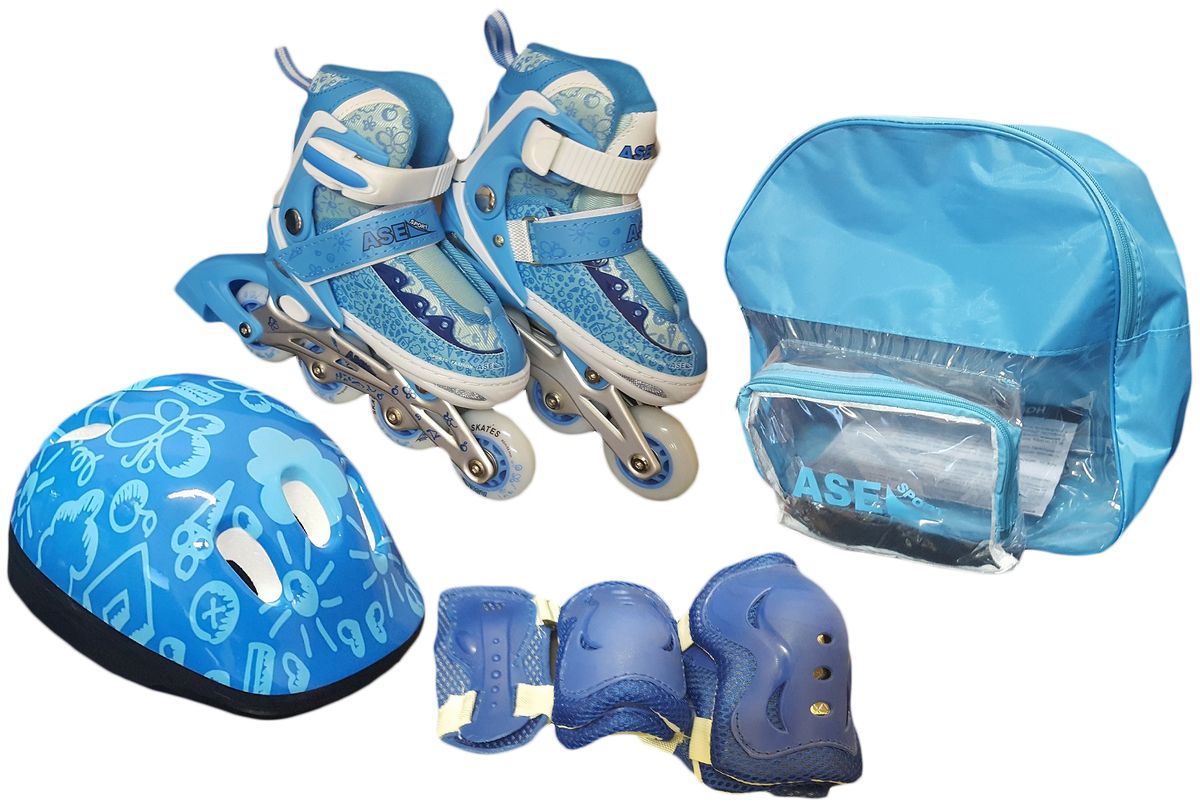 Комплект Ase-Sport Combo: коньки роликовые, шлем, защита, цвет: синий. ASE-198. Размер XS (28/31)AIRWHEEL Q3-340WH-BLACK Комплект Ase-Sport Combo: коньки роликовые, шлем, защита, цвет: синий. ASE-198. Размер XS (28/31)AIRWHEEL Q3-340WH-BLACKВ комплект входят: раздвижные ролики, защитный шлем, налокотники, наколенники и защита для рук, а также сумка для переноски и хранения.Ролики оснащены удобной системой изменения размера с помощью кнопки, которая позволяет корректировать размер сапожка по мере роста ноги ребенка. Верх сапожка ролика изготовлен из современного синтетического материала, стойкого к внешним воздействиям. Застежка типа AUTO LOCK удобно регулируется на нужный размер.Ролики комплектуются тормозом, колесами класса жесткости 82А, размер 70мм PVC.Шнуровка коньков: матерчатые петли в сочетании с широким язычком, и шнурки из полиэстера с синтетическими волокнами для более прочной фиксации ноги.Алюминиевая рама обеспечит прочность и устойчивость к механическим повреждениям.