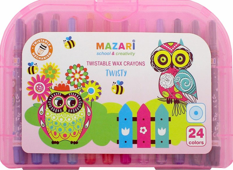 Mazari Мелки восковые Twisty 24 цвета цвет чемоданчика розовыйLF806309 Mazari Мелки восковые Twisty 24 цвета цвет чемоданчика розовыйLF806309Набор восковых мелков Mazari Twisty содержит 24 мелка ярких насыщенных цветов. Каждый мелок имеет пластиковый выкручивающийся корпус. Мелки обеспечивают удивительно мягкое письмо, позволяющее легко закрашивать большие площади. Мелки предназначены для рисования на бумаге, картоне, керамике и пластике. Не токсичны и абсолютно безопасны для детей.Мелки аккуратно упакованы в пластиковый чемоданчик.