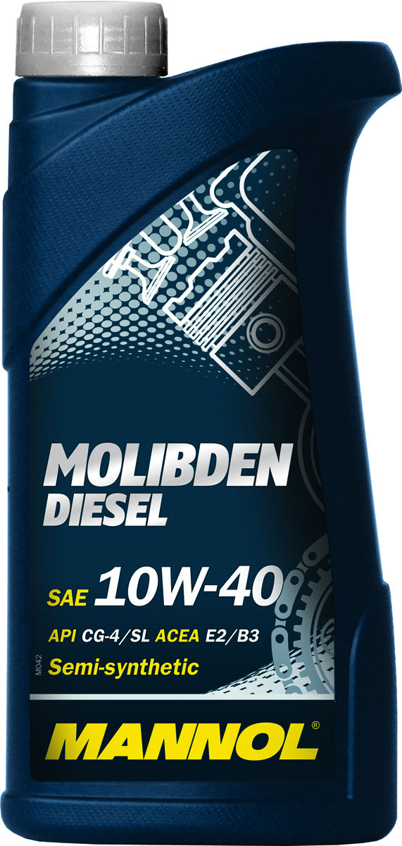 Моторное масло MANNOL Molibden Diesel, 10W-40, API CG-4/CF-4/SJ, полусинтетическое, 1 л2706 (ПО) Моторное масло MANNOL Molibden Diesel, 10W-40, API CG-4/CF-4/SJ, полусинтетическое, 1 л2706 (ПО)Mannol Molibden Diesel 10W40 - всесезонное полусинтетическое моторное масло, предназначенное для использования в тяжелонагруженных дизельных двигателях. Эффективно снижает износ на всех режимах работы двигателя за счет формирования на сопряженных поверхностях трения уникальной защитной пленки, выдерживающей экстремальные нагрузки. Исключает задир. Обладает оптимальными низкотемпературными характеристиками. Эффективно снижает саже- и нагарообразование.Допуски и соответствия ACEA E2/B3