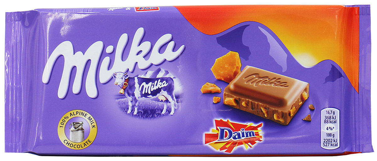 Milka Шоколад Daim, молочный шоколад с кусочками миндальной карамели, 100 г0120710 Milka Шоколад Daim, молочный шоколад с кусочками миндальной карамели, 100 г0120710Если вы любите шоколад, то немецкая плитка Milka Daim вам понравится больше всего. Технологи не перестают удивлять любителей сладкого невероятными начинками и наполнителями. Воздушный шоколад, с таящей текстурой сделан из лучших сортов какао и суженого молока коровы, которая обитает только на экологически чистых пастбищах и питается только чистой травой. Только такое молоко используется для добавления в качественный продукт. Кусочки тянущейся карамели и миндаля заставят вас на мгновение забыть об окружающем мире и предаться сладким воспоминаниям о первой любви.