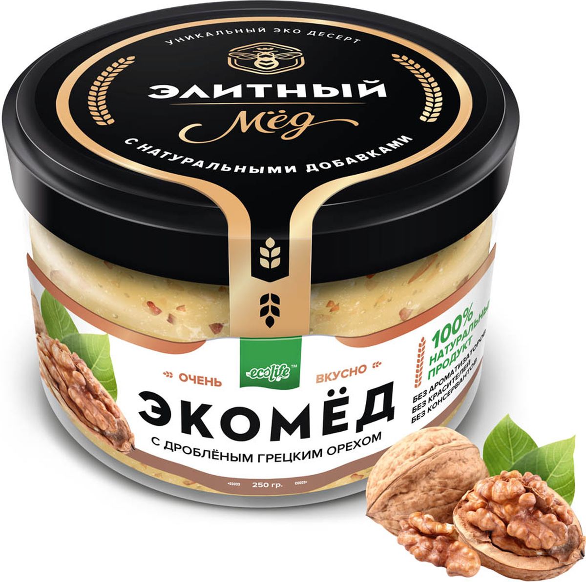 Ecolife Экомед с грецким орехом, 250 г0120710 Ecolife Экомед с грецким орехом, 250 г0120710100% натуральный экопродукт, имеющий в составе только натуральные ингредиенты. При изготовлении не используется дешевый подсолнечный мёд. Мед не нагревается, сохраняются все его полезные свойства. Экомёд не имеет эффекта расслаивания.