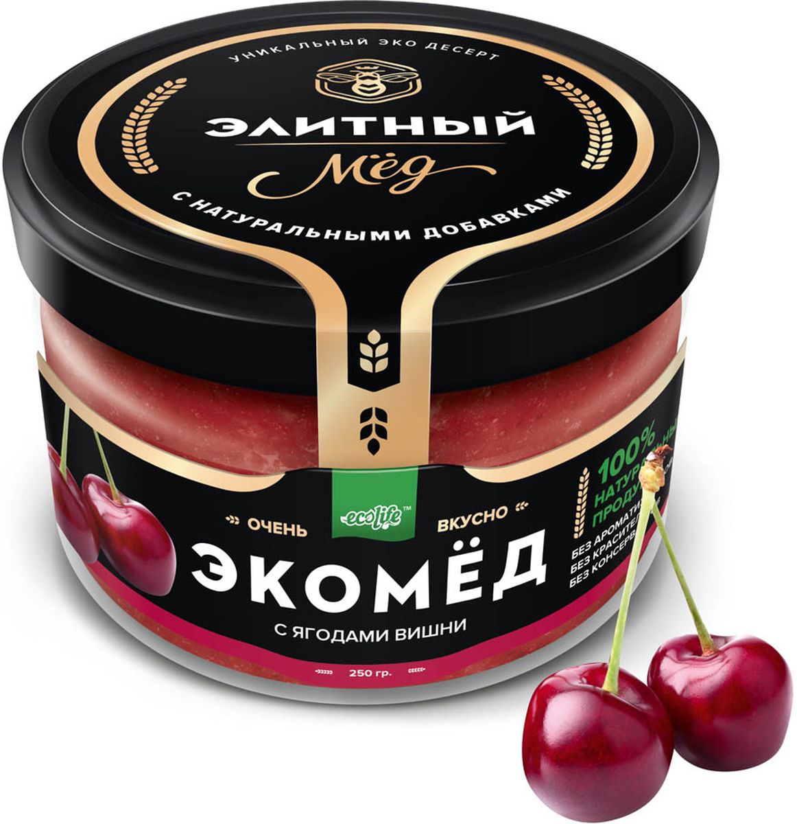 Ecolife Экомед с вишней, 250 г0120710 Ecolife Экомед с вишней, 250 г0120710100% натуральный экопродукт, имеющий в составе только натуральные ингредиенты. При изготовлении не используется дешевый подсолнечный мёд. Мед не нагревается, сохраняются все его полезные свойства. Экомёд не имеет эффекта расслаивания.