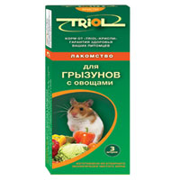 Лакомство для грызунов Triol, с овощами, 3 шт0120710 Лакомство для грызунов Triol, с овощами, 3 шт0120710Овощное лакомство для грызунов Triol изготовлено из отборного экологически чистого зерна, для поддержания долгой и здоровой жизни всех видов грызунов. Содержит необходимые компоненты и много волокон, что положительно влияет на пищеварение вашего питомца.Лакомство порадует вашу морскую свинку, хомячка или шиншиллу, крысу или мышку и разнообразит его ежедневный рацион.Состав: ячмень, овес, семя подсолнуха, семя конопли, мед, луговые травы, йод в легко усвояемой форме, витамины А, В, В2, В6, D, PP.Товар сертифицирован.