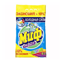 Стиральный порошок Миф, свежий цвет, 4 кгMS-81496262 Стиральный порошок Миф, свежий цвет, 4 кгMS-81496262Стиральный порошок Миф предназначен для стирки цветных вещей в стиральных машинах любого типа и ручной стирки. Он одинаково хорошо отстирывает и при ручной стирке, и при стирке в стиральной машине. Это стало возможно благодаря использованию новой формулы с пониженным уровнем пенообразования, подходящим для автоматических стиральных машин. Кроме того, при ручной стирке пониженный уровень пенообразования значительно облегчает процесс полоскания белья. Таким образом, стиральный порошок Миф позволяет совершенно спокойно стирать цветные вещи и сохраняет яркость красок. Стиральный порошок отлично отстирывает даже в холодной воде. Потому что содержит специальные энзимы, которые начинают работать уже при низких температурах. Порошок содержит компоненты, помогающие защитить стиральную машину от накипи и известкового налета. Характеристики: Вес: 4 кг. Товар сертифицирован. УВАЖАЕМЫЕ КЛИЕНТЫ! Обращаем ваше внимание на ассортимент в дизайне...