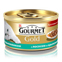 Консервы для кошек Gourmet Gold, с лососем и цыпленком, 85 г12109424 Консервы для кошек Gourmet Gold, с лососем и цыпленком, 85 г12109424Корм Gourmet Gold консервированный полнорационный для взрослых кошек, с лососем и цыпленком. Рекомендации по кормлению: Для взрослой кошки среднего веса требуется 4 баночки корма Gourmet Gold в день. Кормление необходимо разделить минимум на два приема. Индивидуальные потребности животного могут отличаться, поэтому норма кормления должна быть скорректирована для поддержания оптимального веса вашей кошки. Для беременных и кормящих кошек - кормление без ограничений. Подавать корм комнатной температуры. Следите, чтобы у вашей кошки всегда была чистая, свежая питьевая вода. Условия хранения: Закрытую банку хранить в сухом прохладном месте. После открытия продукт хранить максимум 24 часа. Состав: мясо и субпродукты (из которых цыпленка 4%), злаки, рыба и продукты переработки рыбы (лосось 4%), сахара, минеральные вещества, консерванты. Добавленные вещества: МЕ/кг: витамин A: 1290; витамин D3: 200. мг/кг: железо: 9;...