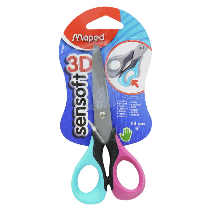 Ножницы Maped Sensoft 3D, 13 см, цвет: розовый, бирюзовый0693008 Ножницы Maped Sensoft 3D, 13 см, цвет: розовый, бирюзовый0693008Лезвия ножницы Sensoft 3D, с безопасными закругленными концами, выполнены из шлифованной нержавеющей стали и отлично режут бумагу, картон, ткань. Улучшенная эргономика колец из мягкого материала обеспечивает максимальный комфорт даже при длительной работе. Характеристики: Длина ножниц: 13 см. Материал: пластик, нержавеющая сталь, резина. Изготовитель: Китай.