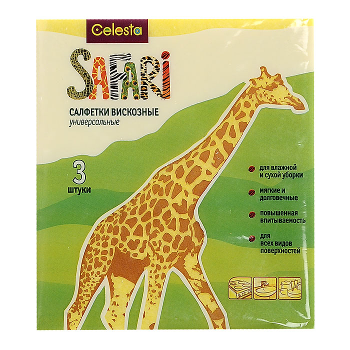 Набор универсальных салфеток Celesta Safari, 3 шт303 T Набор универсальных салфеток Celesta Safari, 3 шт303 TНабор Celesta Safari состоит из трех универсальных салфеток, изготовленных из высококачественной вискозы. Они предназначены для влажной и сухой уборки. Салфетки отлично подходят для ухода за деревянными, пластиковыми и стеклянными поверхностями, за сантехникой и кафелем. Благодаря большому содержанию вискозы в составе волокон, салфетки легко впитывают влагу и отлично отжимаются. Не оставляют ворсинок и разводов, а также отлично поглощают пыль и грязь. Характеристики: Материал: вискоза, полиэстер, полипропилен. Размер: 30 см х 34 см. Комплектация: 3 шт. Производитель: Россия. Артикул: 303 T.