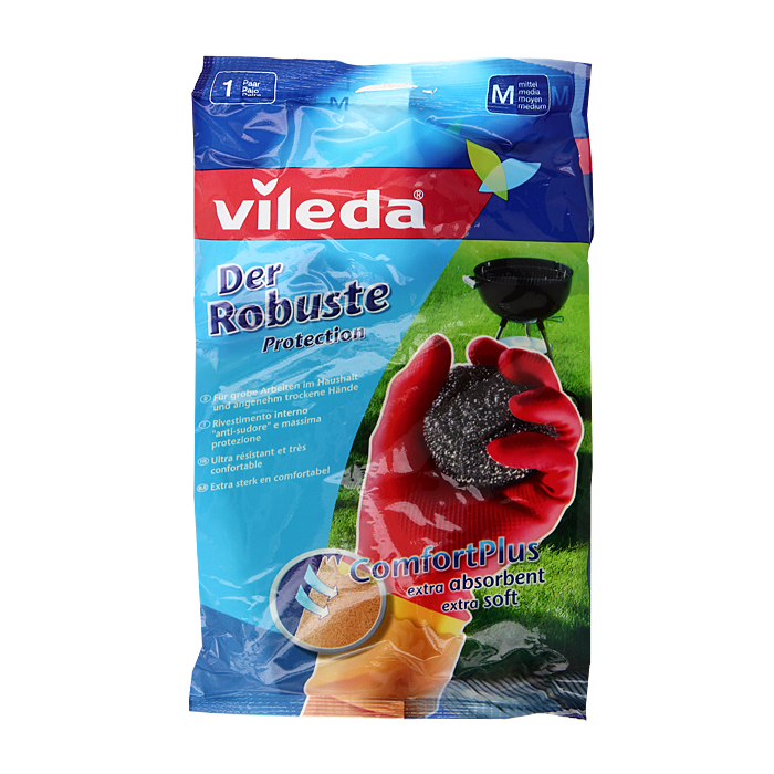 Перчатки Vileda Der Robuste, особо прочные. Размер M3626-2 Перчатки Vileda Der Robuste, особо прочные. Размер M3626-2Перчатки Vileda Der Robuste изготовлены из натурального латекса с внутренним покрытием Комфорт плюс, микроскопические поры которого прекрасно впитывают влагу, поэтому руки остаются приятно сухими в течении всего периода уборки. Специальный рифленый профиль перчаток обеспечивает антискользящий эффект. Прочные, долго служат.