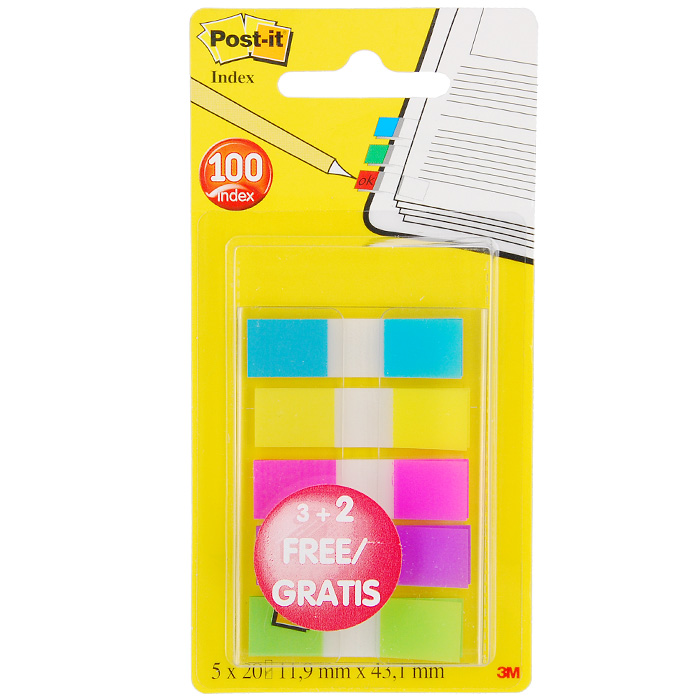 Закладки самоклеящиеся Post-it, 100 шт683-5CB P Закладки самоклеящиеся Post-it, 100 шт683-5CB PРазнообразие цвета классических узких закладок Post-it помогут выделить и отметить нужную информацию, организовать цветовое кодирование страниц и разделов. Прозрачная клейкая часть закладки не закрывает текст, а уникальный клеевой состав позволяет многократно переклеивать закладку, не повреждая и не пачкая страниц. В комплекте закладки пяти цветов, упакованные в прозрачный диспенсер. Характеристики: Цвет: салатовый, малиновый, фиолетовый, желтый, голубой. Размер закладки: 1,19 см х 4,31 см. Размер упаковки: 14 см х 7 см. Количество: 5 х 20 шт.