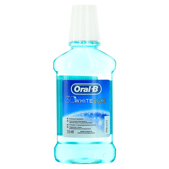 Ополаскиватель для рта Oral-B 3D White Luxe, 250 млORL-81296682 Ополаскиватель для рта Oral-B 3D White Luxe, 250 млORL-81296682Ополаскиватель для рта Oral-B 3D White Luxe - эффективное средство ежедневного ухода для тех, кому нужна всесторонняя защита полости рта. Препятствует возникновению кариеса в труднодоступных участках, защищает от образования налета. Формула ополаскивателя борется с бактериями даже в труднодоступных участках. Жидкий ополаскиватель также эффективно воздействует на межзубные промежутки, десны и слизистую оболочку. Характеристики: Объем: 250 мл. Производитель: Германия. Товар сертифицирован. Уважаемые клиенты! Обращаем ваше внимание на возможные изменения дизайна упаковки.