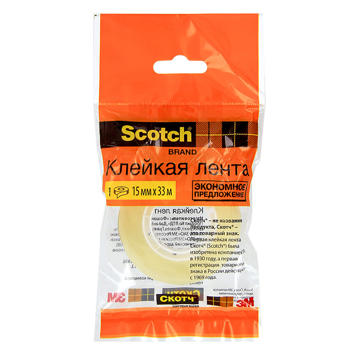 Клейкая лента Scotch, цвет: прозрачный. C27913C27913 (500-1533) Клейкая лента Scotch, цвет: прозрачный. C27913C27913 (500-1533)Канцелярская клейкая лента Scotch - универсальный помощник в доме и офисе. Лента предназначена для склеивания документов, упаковки, картона и имеет сильный клеящий состав. После наклеивания лента становится абсолютно невидимой.