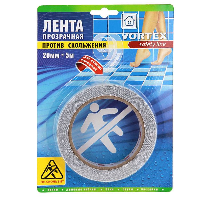 Лента противоскользящая Vortex для влажных помещений, прозрачная, 20 мм х 5 м391602 Лента противоскользящая Vortex для влажных помещений, прозрачная, 20 мм х 5 м391602Противоскользящая прозрачная лента Vortex, выполненная из мягкого текстурированного полимера, предназначена для покрытия поверхностей в местах с повышенной влажностью - в ванной, душевых кабинах, банях, саунах, раздевалках, вокруг бассейнов. Безопасная, противоскользящая поверхность, высокая прочность и долговечность. Легко очищается бытовыми моющими средствами. Эффективно защищает от скольжения, падений и травм. Проста в применении.Характеристики:Материал: мягкий текстурированный полимер, (ПВХ) высокоэффективный клеящий состав. Ширина ленты: 20 мм. Длина ленты: 5 м. Размер упаковки: 21 см х 15 см х 2 см. Изготовитель: Китай. Артикул: 22513.