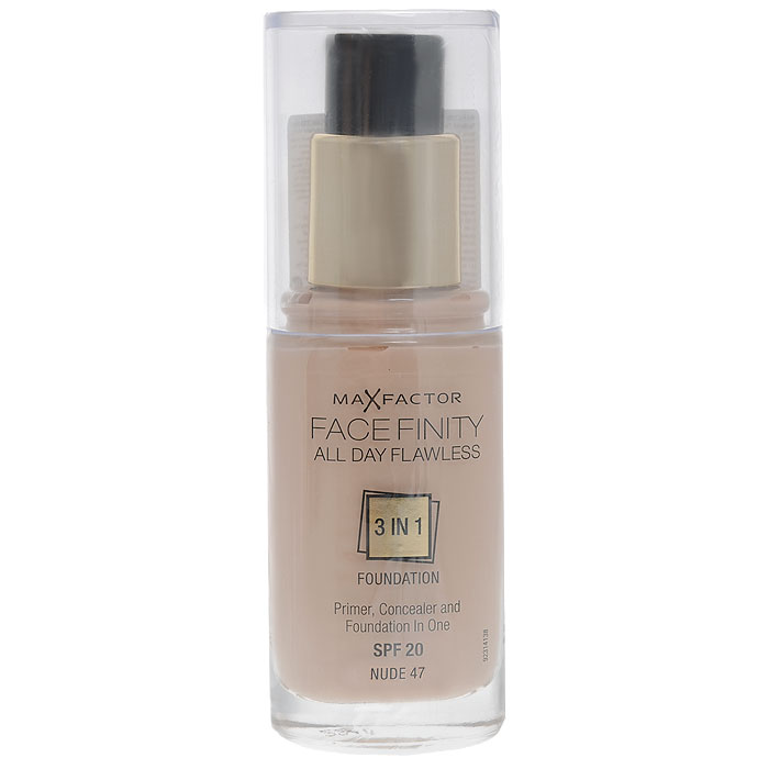 Max Factor Тональная основа 3в1, SPF 20 Facefinity All Day Flawless, тон №47 (nude), 30 мл81377976 Max Factor Тональная основа 3в1, SPF 20 Facefinity All Day Flawless, тон №47 (nude), 30 мл81377976Max Factor Facefinity All Day Flawless 3 в 1 - это жидкая тональная основа, сочетающая в себе праймер и консилер, которая создает стойкое и безупречное покрытие. Улучшенная эмульсия на основе воды и силикона обеспечивает качественное покрытие и легко наносится благодаря специальной формуле, поэтому теперь сделать профессиональный макияж очень просто. Праймер выравнивает поверхность кожи и обеспечивает стойкость макияжа, а консилер маскирует недостатки и изъяны, придавая лицу безупречный вид. Формула Max Factor Facefinity очень легкая, предотвращает появление жирного блеска, поскольку в состав не входят масла, имеет солнцезащитный фактор SPF 20 для защиты кожи от солнечных лучей. Формула 3 в 1: тональная основа, праймер и консилер. Идеальный оттенок должен соответствовать тону кожи на линии подбородка. Для получения ровного покрытия нанеси небольшое количество тональной основы на лицо и распредели ее от центра к краям кончиками пальцев или с помощью специальной кисти....