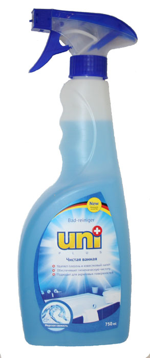 Чистящее средство UniPlus Чистая ванна. Морская свежесть, 750 мл130317 Чистящее средство UniPlus Чистая ванна. Морская свежесть, 750 мл130317Чистящее средство для ванных комнат UniPlus незаменимо для чистки и ухода за эмалированными и акриловыми ванными, раковинами, кафелем, душевыми кабинами и т.д. При разбрызгивании на поверхности образуется активная чистящая пена, устраняющая грязь, жир, остатки мыла, известковые и другие загрязнения. Пригодно дпя чистки чувствительных материалов, в том числе изделий из акрила. Средство чистит основательно и быстро, придает поверхностям безукоризненный блеск, аккуратный вид и свежесть. Характеристики: Объем: 750 мл. Размер упаковки: 28 см х 12 см х 6 см.
