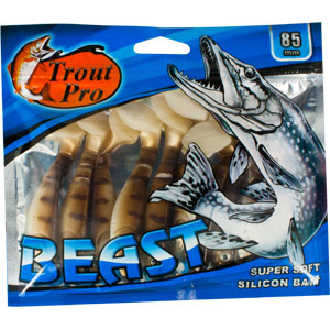Риппер Trout Pro Beast, длина 8,5 см, 10 шт. 3519935199 Риппер Trout Pro Beast, длина 8,5 см, 10 шт. 3519935199Риппер предназначен для джиговой ловли хищной рыбы: окуня, судака, щуки. Специальная пластина на тонком основании делает приманку более гибкой и подвижной, что придает ей усиленные колебательные движения. Характеристики: Длина: 8,5 см. Цвет тела: 144 (светло-коричневый с темными полосками). Материал: эластичный полимер. Размер упаковки: 16,8 см х 14,4 см х 0,9 см. Артикул: 35199.