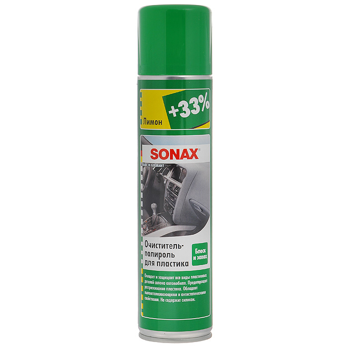 Очиститель-полироль Sonax, для пластика, с ароматом лимона, 400 мл343300 Очиститель-полироль Sonax, для пластика, с ароматом лимона, 400 мл343300Очиститель-полироль Sonax чистит и ухаживает за всеми пластиковыми поверхностями внутри автомобиля. Придает блеск и оставляет легкий свежий аромат лимона. Отталкивает грязь, обладает антистатическим эффектом, защищает пластик от повреждений. Подходит для деревянных поверхностей. Не содержит силикон. Характеристики: Объем: 400 мл. Артикул: 343300. Товар сертифицирован.