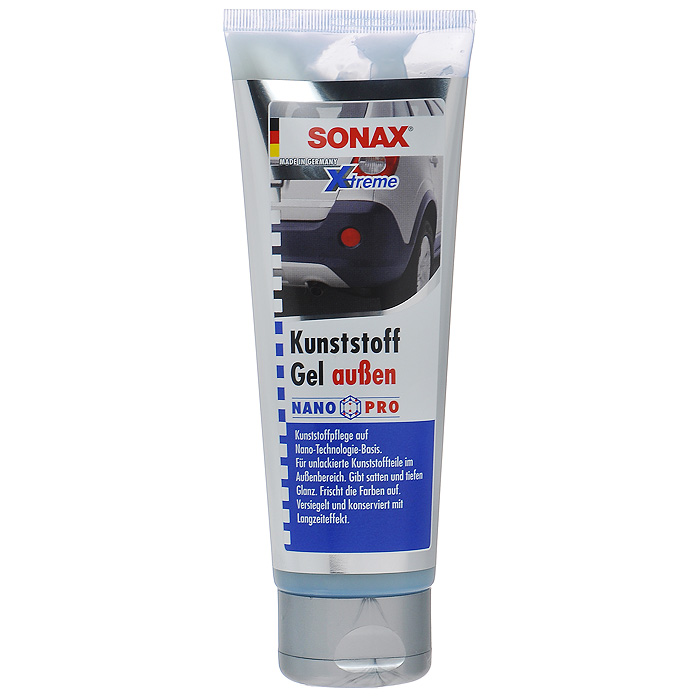 Гель по уходу за пластиком Sonax NanoPro, 250 мл210141 Гель по уходу за пластиком Sonax NanoPro, 250 мл210141Гель Sonax NanoPro ухаживает за наружными пластиковыми деталями автомобиля. Заботится об интенсивном освежении цвета и придает бамперам и облизовке сочный блеск. Обработанные поверхности получаю длительную защиту. Гель прозрачен и поэтому подходит для пластика любого цвета. Не содержит силикона.