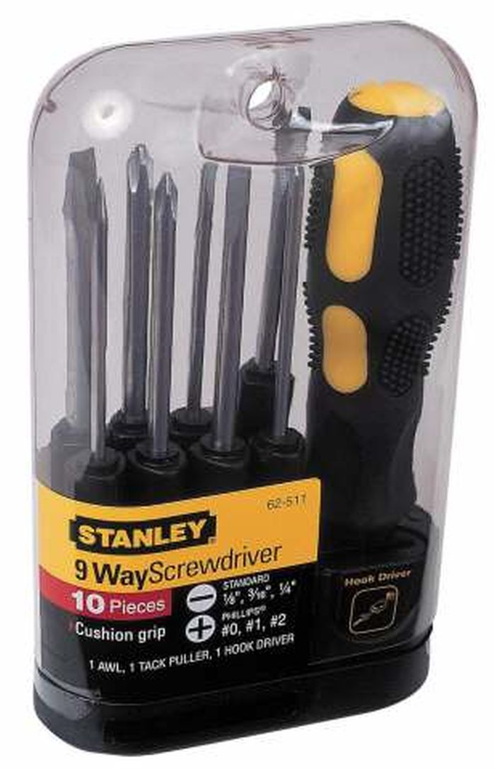Отвертка Stanley со сменными вставками, 10 предметов0-62-511 Отвертка Stanley со сменными вставками, 10 предметов0-62-511Отвертка Stanley со сменными вставками предназначена для монтажа/демонтажа резьбовых соединений с применением значительных усилий. Рукоятка, выполненная из двух материалов, с текстурой, для обеспечения максимального крутящего момента и комфорта пользователя. В состав набора входят Отвертка для бит. Вставки шлицевые: 3 мм, 4,5 мм, 6 мм. Вставки крестовые: PH0, PH1, PH2. Шило Гвоздодер для мелких гвоздей Вставка-переходник для закручивания крюков. Характеристики: Материал: пластик, металл. Длина вставок: 6,5 см. Длина ручки: 11 см. Размеры упаковки: 16 см х 4,5 см х 10 см.