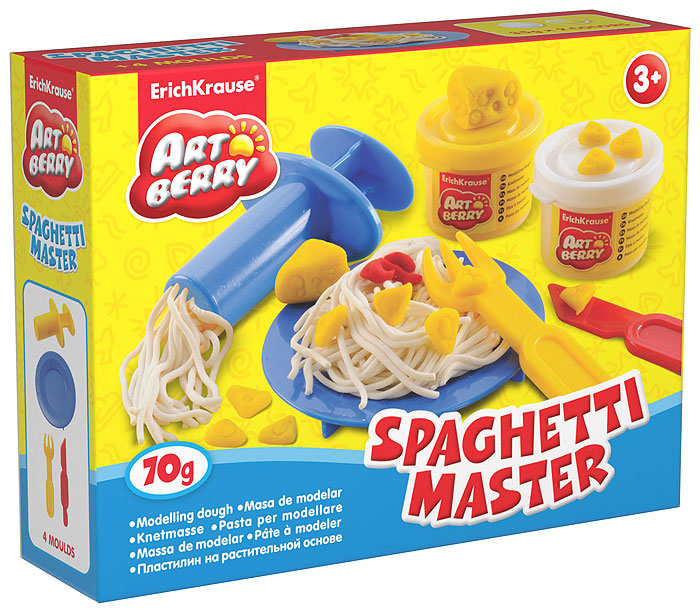 Набор для лепки (на растительной основе) Spaghetti Master, 2 цвета30366 Набор для лепки (на растительной основе) Spaghetti Master, 2 цвета30366Пластилин на растительной основе Spaghetti Master - увлекательная игрушка, развивающая у ребенка мелкую моторику рук, воображение и творческое мышление. Пластилин легко разминается, не липнет к рукам и рабочей поверхности, не пачкает одежду. Цвета смешиваются между собой, образуя новые оттенки. Пластилин застывает на открытом воздухе через 24 часа. Набор содержит пластилин 2 цветов (белого и желтого), пресс для создания пластилинового спагетти, стек, пластиковые тарелочку и вилочку. Пластилин каждого цвета хранится в отдельной пластиковой баночке. С пластилином на растительной основе Spaghetti Master ваш ребенок будет часами занят игрой. Характеристики: Общий вес пластилина: 70 г. Длина пресса: 7,5 см. Длина стека: 11,5 см. Длина вилки: 10 см. Диаметр тарелки: 10 см. Размер упаковки: 16 см x 11,5 см x 4 см. Изготовитель: Россия.