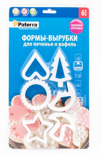 Форма для печенья Paterra, 6 шт. 402-455402-455 Форма для печенья Paterra, 6 шт. 402-455402-455Набор форм-вырубок для печенья и вафель Paterra состоит из шести пластиковых форм для печенья. Нижний край формочек заострен, поэтому ими легко и просто вырезать фигурки. Верхний край закруглен и поэтому не травмирует Ваши руки. Если вы любите побаловать своих домашних вкусным и ароматным печеньем по вашему оригинальному рецепту, то формы для вырезания печенья как раз то, что вам нужно! Характеристики: Материал: пластик. Средний размер формы: 5 см х 6 см х 1 см. Комплектация: 6 шт. Размер упаковки: 17,5 см х 29,5 см х 1,2 см. Артикул: 402-455. УВАЖАЕМЫЕ КЛИЕНТЫ! Обращаем ваше внимание на возможные изменения в цветовом дизайне товара, связанные с ассортиментом продукции. Поставка осуществляется в зависимости от наличия на складе.