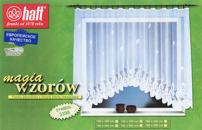 Гардина Haft, на ленте, цвет: белый, высота 150 см. 397014S03301004 Гардина Haft, на ленте, цвет: белый, высота 150 см. 397014S03301004Воздушная гардина Haft, изготовленная из полиэстера белого цвета, станет великолепным украшением любого окна. Оригинальный рисунок привлечет к себе внимание и органично впишется в интерьер комнаты. В гардину вшита шторная лента. Характеристики:Материал: 100% полиэстер. Размер упаковки:37 см х 28 см х 3 см. Цвет: белый. Артикул: 397014.В комплект входит: Гардина - 1 шт. Размер (Ш х В): 300 см х 150 см. Текстильная компания Haft имеет богатую историю. Основанная в 1878 году в Польше, эта фирма зарекомендовала себя в качестве одного из лидеров текстильной промышленности в Европе. Еще в начале XX века фабрика Haft производила 90% всех текстильных изделий в своей стране, с годами производство расширялось, накопленный опыт позволял наиболее выгодно использовать развивающиеся технологии. Главный ассортимент компании - это тюль и занавески. Haft предлагает готовые решения дляваших окон, выпуская готовые наборы штор, которые остается только распаковать и повесить. Модельный ряд отличает оригинальный дизайн, высокое качество. Занавески, шторы, гардины Haft долговечны, прочны, практически не сминаемы, они не притягивают пыль и за ними легко ухаживать.Вся продукция бренда Haft выполнена на современном оборудовании из лучших материалов.