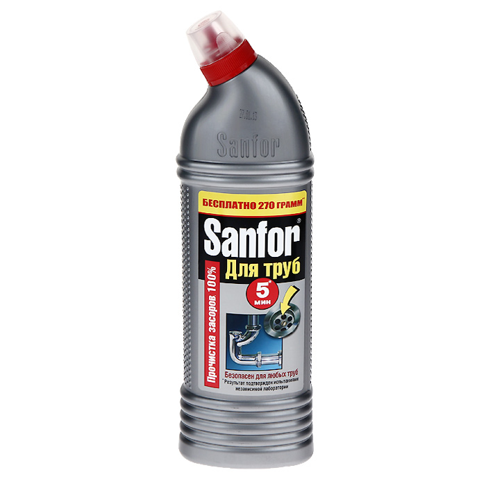 Гель для удаления засоров Sanfor, 1000 г1957 Гель для удаления засоров Sanfor, 1000 г1957Средство для очистки канализационных труб Sanfor быстро устранит даже очень сильные засоры в канализационных стоках. Результат достигается уже за 5 минут. Благодаря густой структуре проникает глубоко в трубу непосредственно к засору, даже при наличии воды. Эффективно растворяет в стоках волосы, остатки пищи, жир и другие загрязнения. Нейтрализует неприятные запахи. Средство безопасно для всех видов труб, в том числе и пластиковых. Убивает микробы за 60 минут. Характеристики: Масса: 1000 г. Артикул: 1957.