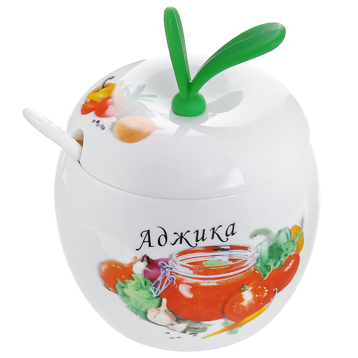 Баночка Аджика, с ложкой, цвет: белый, 9,7 х 9,7 х 7,7 см598-051 Баночка Аджика, с ложкой, цвет: белый, 9,7 х 9,7 х 7,7 см598-051Баночка Аджика, выполненная из высококачественного фарфора, предназначена для приготовления и хранения аджики. К баночке прилагается ложка и крышка с мягкой ручкой из силикона. Фарфор - инертный материал, обладает химической и термической прочностью, не вступает в реакции с пищевыми кислотами. Баночка из фарфора пригодна для использования в холодильнике, микроволновой печи, посудомоечной машине. Баночка декорирована надписью Аджика. Кроме того, для упрощения процесса приготовления прямо на баночке написан рецепт приготовления аджики и перечислены все необходимые продукты. В комплект к баночке прилагается небольшой буклет с рецептами любимых горячих блюд от Шефа. Такая баночка украсит ваш праздничный стол, а оригинальное исполнение понравится любой хозяйке. Характеристики: Материал: фарфор, силикон. Цвет: белый. Общий диаметр баночки: 9,7 см. Высота стенки баночки: 7,7 см. Длина ложки: 13 см. Размер упаковки: 10 см х 10 см х 10,5...