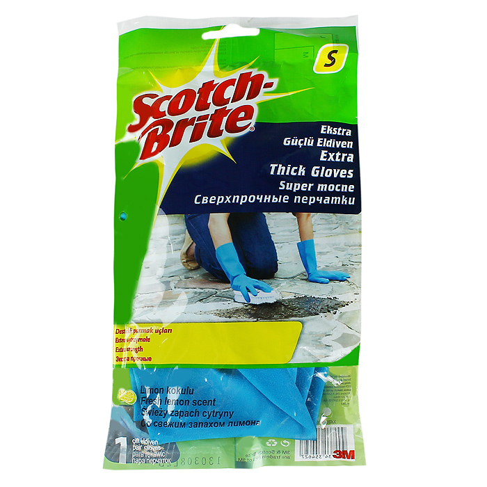 Перчатки Scotch Brite сверхпрочные, цвет: голубой. Размер SS03301004 Перчатки Scotch Brite сверхпрочные, цвет: голубой. Размер SS03301004Резиновые перчатки Scotch Brite экстрапрочные с уплотненными кончиками пальцев и приятным ароматом лимона, подходят для чувствительной кожи рук. Они защищают кожу рук при работе с бытовой химией, предохраняют от загрязнения и влаги, они идеально подходят для стирки, уборки и прочих работ по хозяйству. Перчатки удобные, принимают форму ладони, пористая поверхность лицевой стороны перчаток позволяет легко и уверенно держать необходимый предмет.