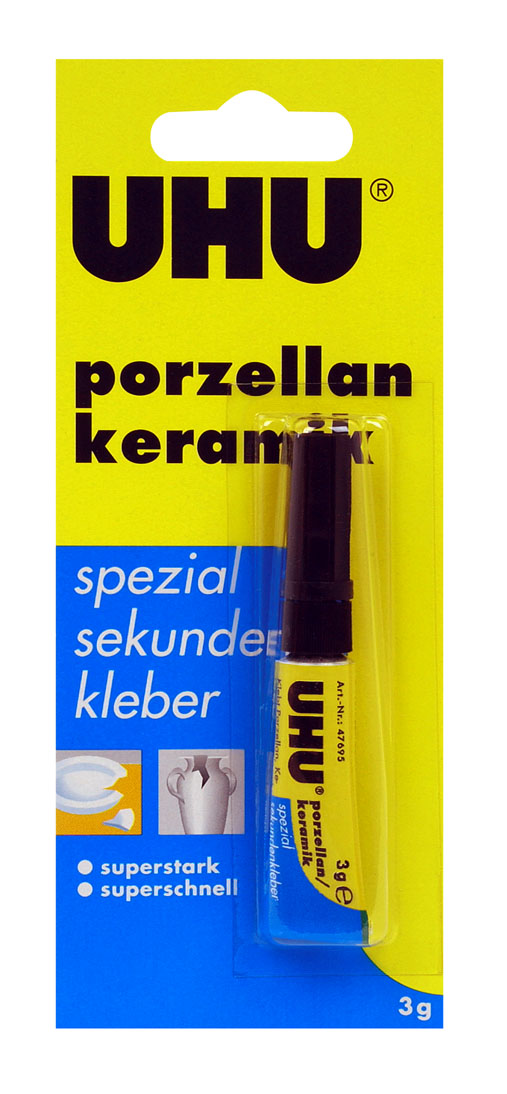 Клей UHU Porzellan для керамики, секундный, 3 г47695 Клей UHU Porzellan для керамики, секундный, 3 г47695Клей UHU Porzellan подходит в первую очередь для склеивания фарфора, керамики, фаянса и т.п. материалов в сочетании с резиной и деревом, а также твёрдыми материалами с гладкой поверхностью (такими, как, например, твёрдый ПВХ, сталь, железо, прочие металлы и т.д.). Не подходит для стиропора. Клей абсолютно прозрачен, даёт практически невидимое соединение. Выдерживает нагревание вплоть до +80?С - +100?С (низкие температуры – без ограничений). Открытый Клей рекомендуется хранить в прохладном месте. Инструкция по использованию: Предпосылка удачного склеивания – идеально чистая и сухая поверхность. В случае, если материал позволяет это сделать, рекомендуется многократная протирка места склеивания растворителями (ацетоном и т.п.). При склеивании металлов достаточно просто очистить поверхность наждаком или щёткой. Необходимо нанести клей на одну из склеиваемых сторон, вторую сторону тут же прижать к ней. Излишки клея с баночки можно удалить с помощью бумажной...