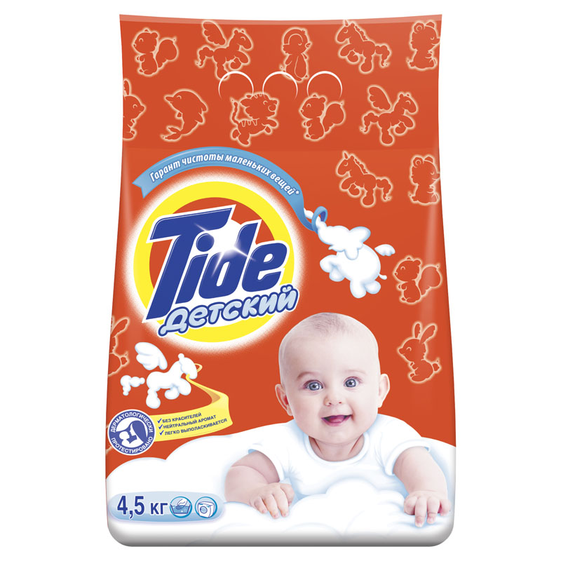 Tide Стиральный порошок Детский, 4,5 кг80242377 Tide Стиральный порошок Детский, 4,5 кг80242377Дорогие мамы и папы, с любовью и заботой представляем вам Tide Детский. Он разработан специально для стирки вещей малышей и готов к испытаниям сложными загрязнениями на детской одежде. Подходит для стирки вещей людей с чувствительной кожей. Белоснежность и нежность в 1 пачке. В ходе дерматологических испытаний было доказано, что вещи, постиранные Тайдом, так же нежны к коже, как вещи, постиранные просто чистой водой. Без красителей; Нежный нейтральный аромат; Легко выполаскивается водой. Характеристики: Вес: 4,5 кг. Производитель: Россия. Товар сертифицирован.